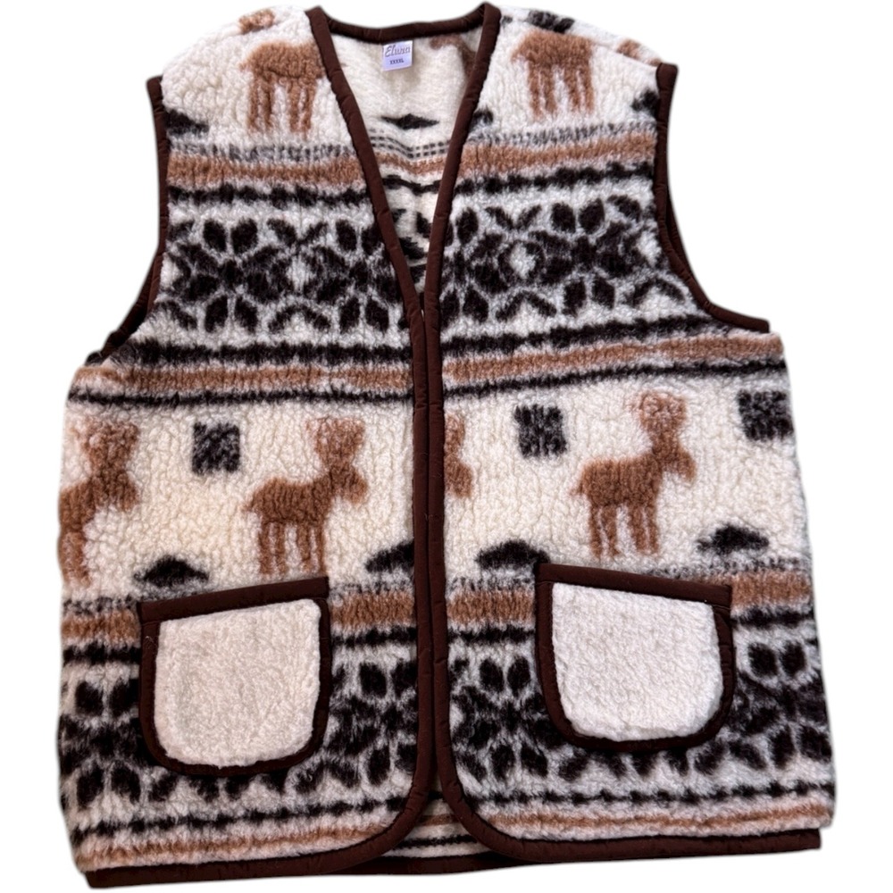 Eluna Women XXXXL Fleece Vest‎ Elk Fair Isle Pockets Brown White 100% Wool